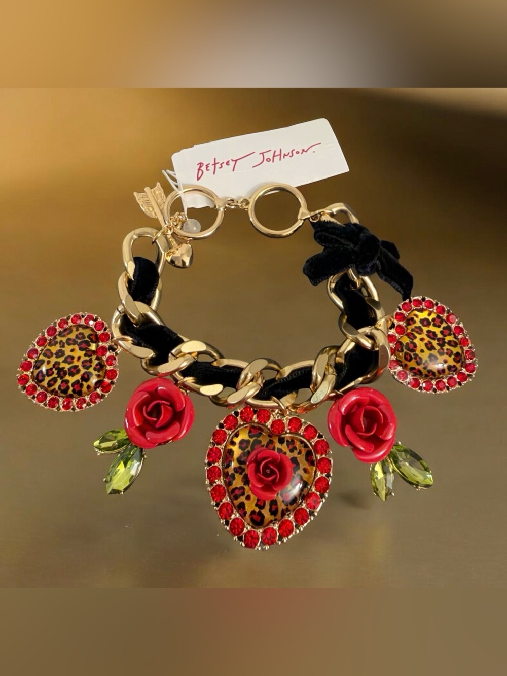 Betsey Johnson Gold-Tone Chain Bracelet with Red Roses & Leopard Heart Charms - Picture 4 of 16